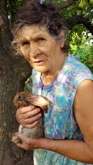 Portrait of elderly woman in concerned emotions. Senior woman holds little rabbit in her wrinkled hands. 80s granny in traditional rural clothes. Grandmother and brown furry bunny