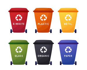 Garbage containers set vector. Waste sorting. Waste bins in cartoon style. Isolated on white background

