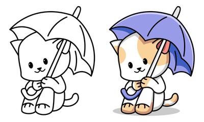 cat with umbrella coloring page for kids