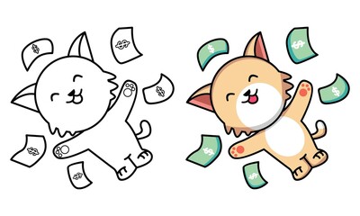 Cute cat with a lot of money coloring page for kids
