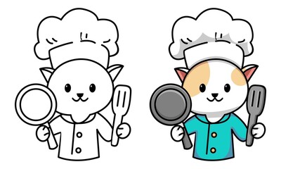 Cute cat chef coloring page for kids