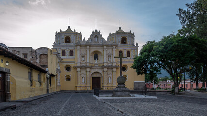 View of La Merced baroque church during a peaceful and beautiful sunrise in the colonial city of...