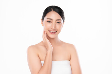 Beautiful young asian woman with clean fresh skin on white background, Face care, Facial treatment, Cosmetology, beauty and spa, Asian women portrait.