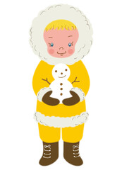A person in a yellow winter coat holding a snowman
