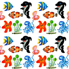 Obraz premium Watercolor corals. Seamless pattern with the underwater world sea animals.Paper Watercolor Blue Pattern.Splashy Seashell,Jellyfish,Fairy mermaids.