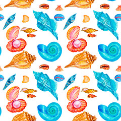 Watercolor corals. Seamless pattern with the underwater world sea animals.Paper Watercolor Blue Pattern.Splashy Seashell,Jellyfish,Fairy mermaids.