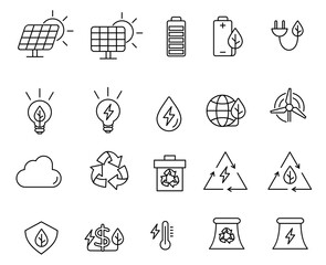 Fototapeta premium Renewable energy icons set. Line vector, clean power stations icons.