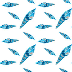 Fototapeta premium Watercolor corals. Seamless pattern with the underwater world sea animals.Paper Watercolor Blue Pattern.Splashy Seashell,Jellyfish,Fairy mermaids.