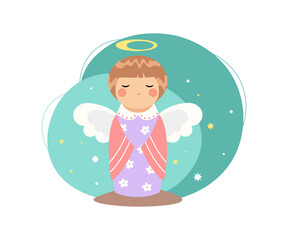 Cute Christmas Angel Girl with short hair and nimbus praying isolated with halo. Purple and pink Vector modern statuette illustration.