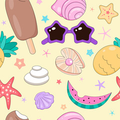 Doodle Funny Seashells On the Beach Seamless Pattern. Seaside seamless pattern with sand and seashells and pearls. Shells, pearls, starfish, clam, horns star glasses, ice cream, pineapple. Vector.