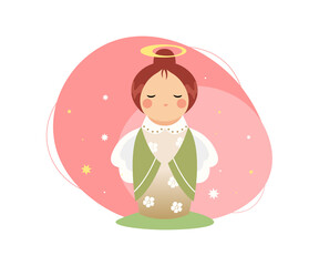 Cute Christmas Angel Girl with bun on head and nimbus praying isolated with halo. Green Vector modern statuette illustration.
