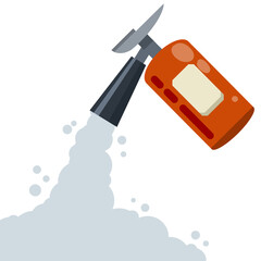 Extinguisher. Fireman tool. Red cylinder. Flat cartoon illustration. Smoke and foam.