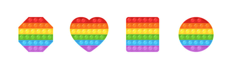 Pop it fidget. Set of trendy sensory playthings. Different shaped antistress children game. Colorful hand toy with push bubbles. Vector illustration in flat cartoon style.