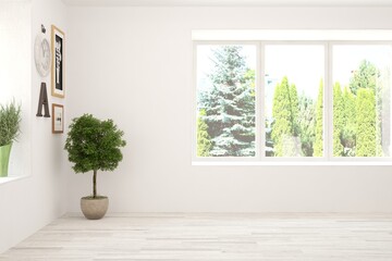 Fototapeta premium White empty room with summer landscape in window. Scandinavian interior design. 3D illustration