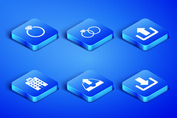 Set Download, Diamond engagement ring, Upload inbox, Medical hospital building, Wedding rings and icon. Vector