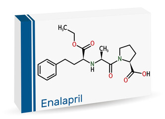 Enalapril, molecule. It is ACE inhibitor medication to treat high blood pressure, heart failure. Skeletal chemical formula. Paper packaging for drugs