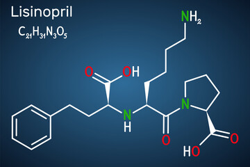 Lisinopril molecule. It is dipeptide, ACE inhibitor used to treat hypertension, heart failure, heart attacks. Structural chemical formula on the dark blue background