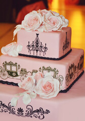 Pink Wedding Cake Decorated with White  Roses Flowers 