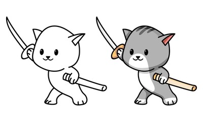 cat holding sword coloring page for kids