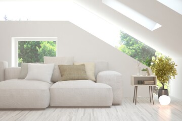 White living room with sofa and summer landscape in window. Scandinavian interior design. 3D illustration