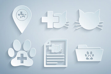 Set Medical certificate for dog or cat, Cat, Veterinary clinic, veterinary record folder, and Location icon. Vector