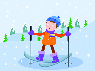 Boy skiing in snow 2D cartoon concept for banner, website, illustration, landing page, flyer, etc.