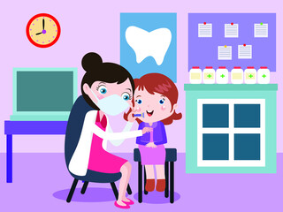 Dentist examines patient 2D cartoon concept for banner, website, illustration, landing page, flyer, etc.