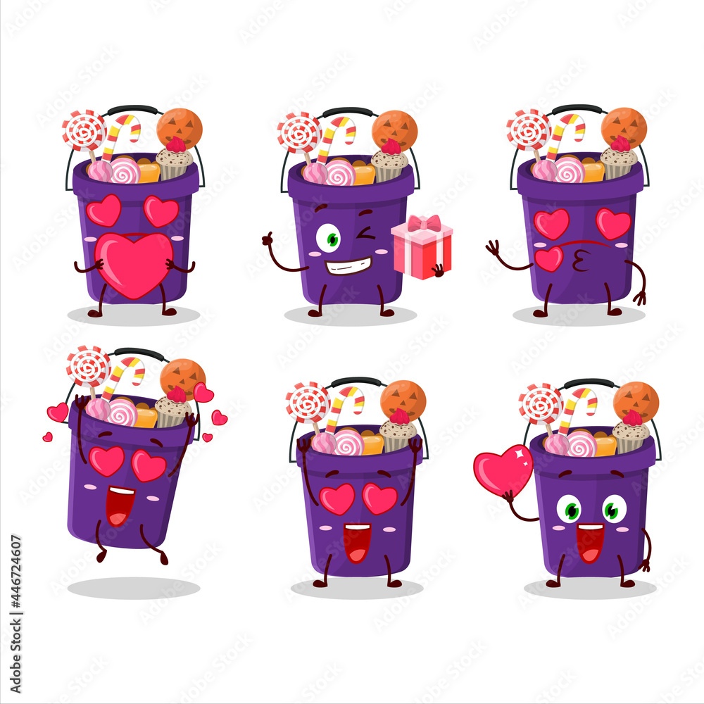 Sticker Bucket halloween cartoon character with love cute emoticon