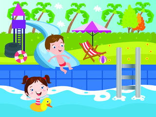 Obraz na płótnie Canvas Siblings having fun at pool 2D cartoon concept for banner, website, illustration, landing page, flyer, etc.