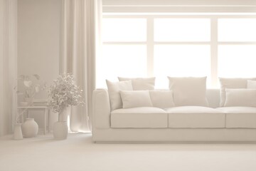 Mock up of minimalist living room in white color with sofa. Scandinavian interior design. 3D illustration