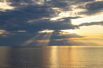 Sunset on the Sea of Azov. Beautiful landscape with an evening sunset sky over a calm sea