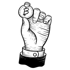 Hand holding bitcoin coin hand drawn vector illustration.