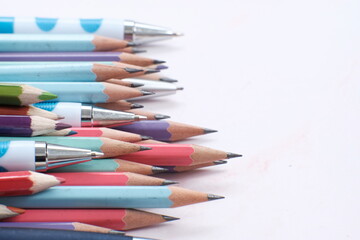 Pen and pencil, office equipment on table background and Education concept, back to school