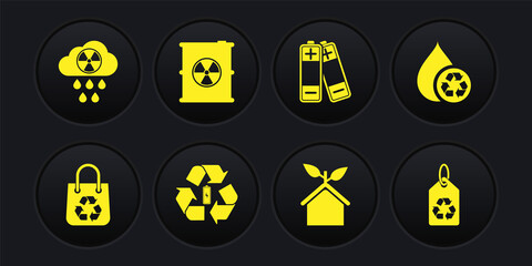 Set Shopping bag with recycle, Recycle clean aqua, Battery, Eco friendly house, Radioactive waste barrel, Tag and Acid rain and radioactive cloud icon. Vector