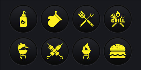 Set Barbecue grill, Crossed fork and spatula, Grilled shish kebab, Oven glove, Burger and Ketchup bottle icon. Vector