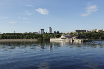 View from the Volga river to the city of Togliatti. Togliatti city on the river bank.