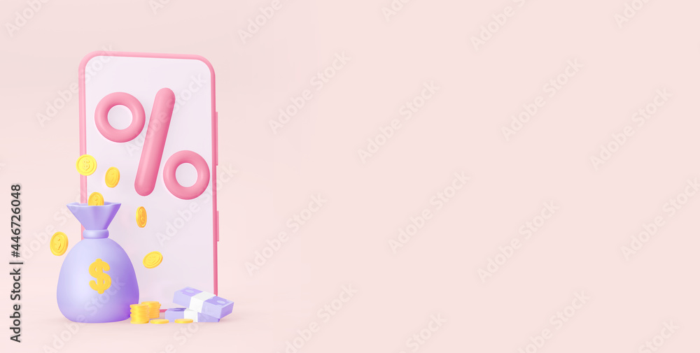 Poster a smartphone with a percentage sign. coins and with a money bag. with an empty space. 3d rendering
