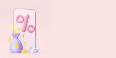 A smartphone with a percentage sign. Coins and with a money bag. With an empty space. 3d rendering