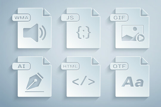 Set HTML file document, GIF, AI, OTF, JS and WMA icon. Vector