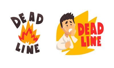 Deadline Set, Stressed Office Worker Working Overtime, Time Management Concept Cartoon Vector Illustration