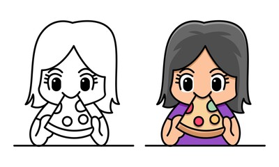 girl eating pizza coloring page for kids