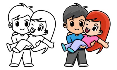 boy holding his girlfriend, valentine concept coloring page for kids