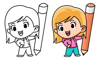 girl holding pencil coloring page for kids
