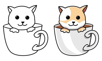 cat in coffee cup coloring page for kids