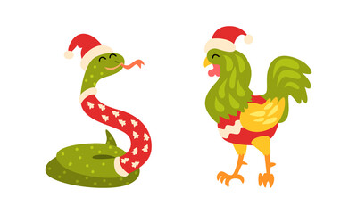 Chrismas Animals Set, Snake and Rooster Chinese Horoscope Animals in Bright Red Caps and Scarves Cartoon Vector Illustration