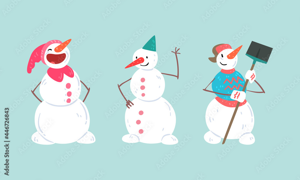 Wall mural christmas snowman set, funny xmas characters in different action poses, happy winter holidays design