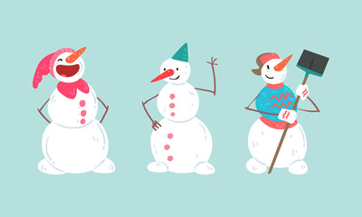 Christmas Snowman Set, Funny Xmas Characters in Different Action Poses, Happy Winter Holidays Design Cartoon Vector Illustration