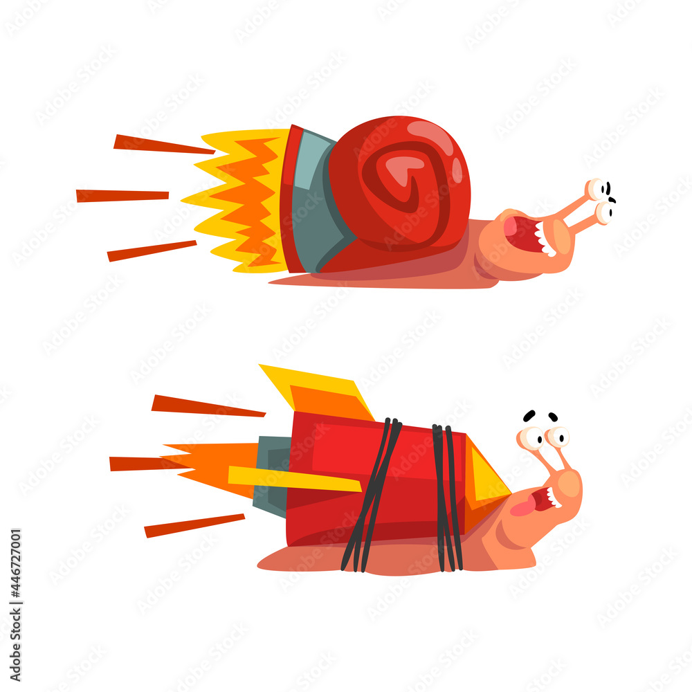 Poster set of funny fast snails, amusing mollusk characters with turbo rocket speed booster cartoon vector 