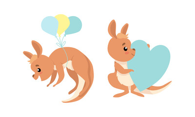Cute Baby Kangaroo Flying with Balloons and Holding Heart Vector Set