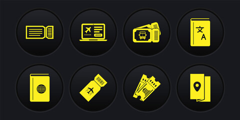 Set Cover book travel guide, Translator, Airline ticket, Museum, Bus, Laptop with, and Ticket icon. Vector